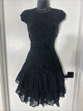 Vintage Beaded Black Tiered Mini Dress - Unbranded